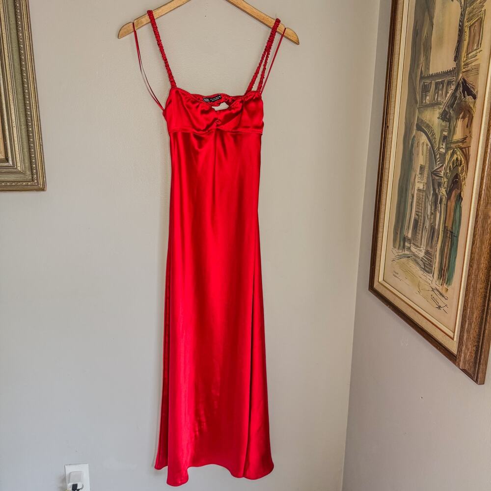 Zara Red Satin Open Back Midi Slip Dress Ruched Bust Spaghetti Strap Smal